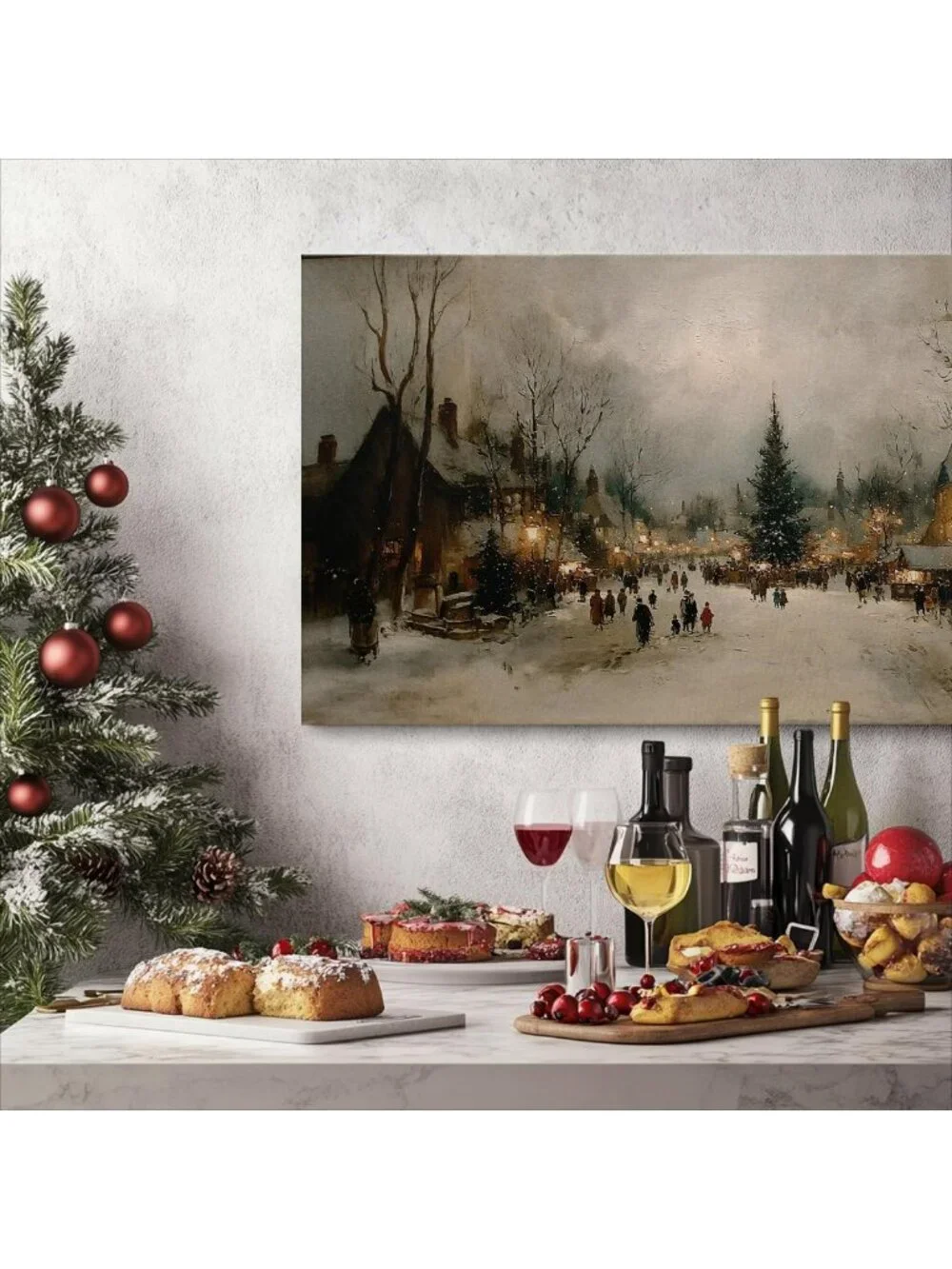 Rustic Farmhouse Vintage Winter Wall Art - Large Framed Canvas Decor, 40x20